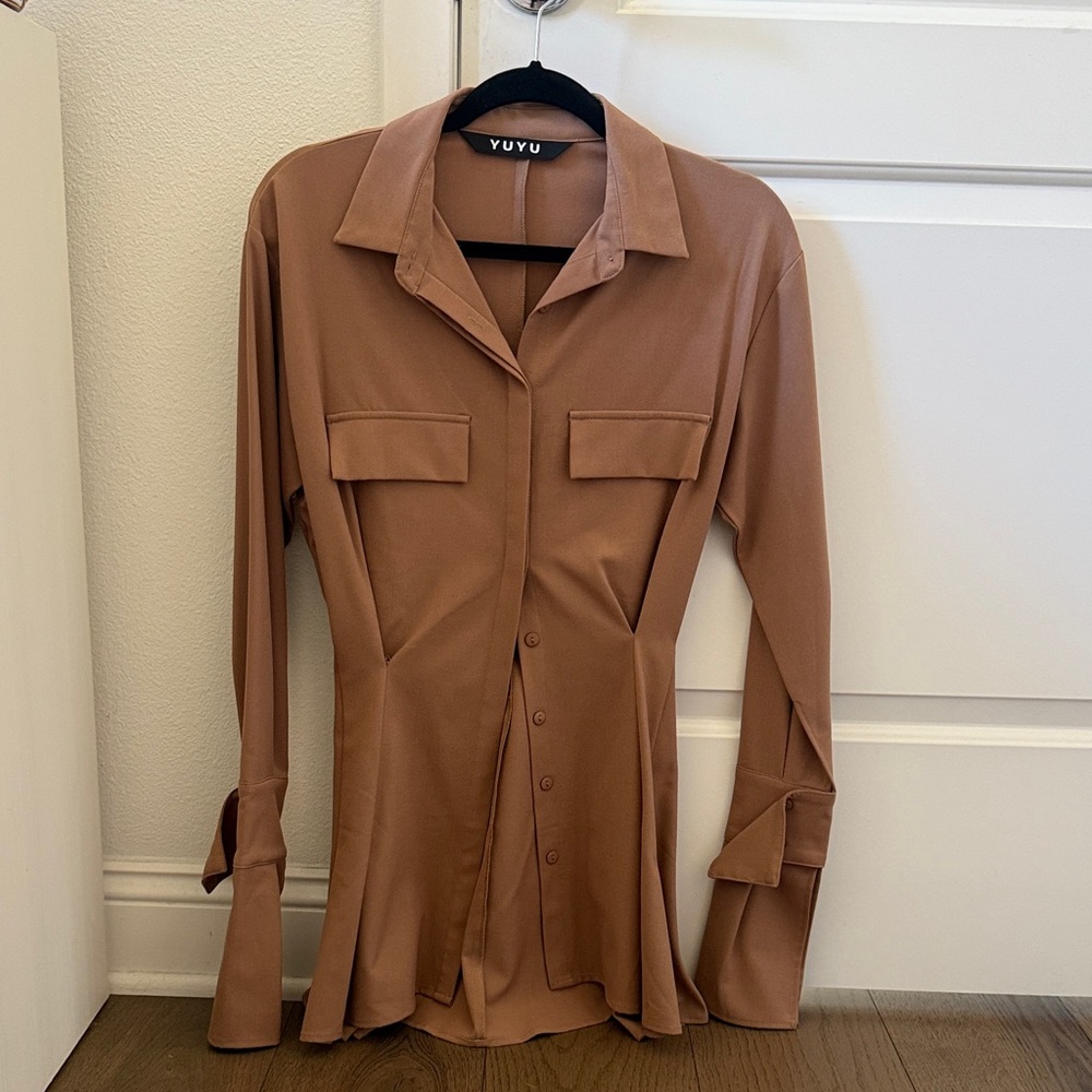 Women's Long-Sleeve Brown Button-Front Dress XS